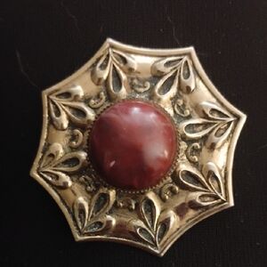 Antique-Style Gold Color Brooch with Deep Red Cabochon